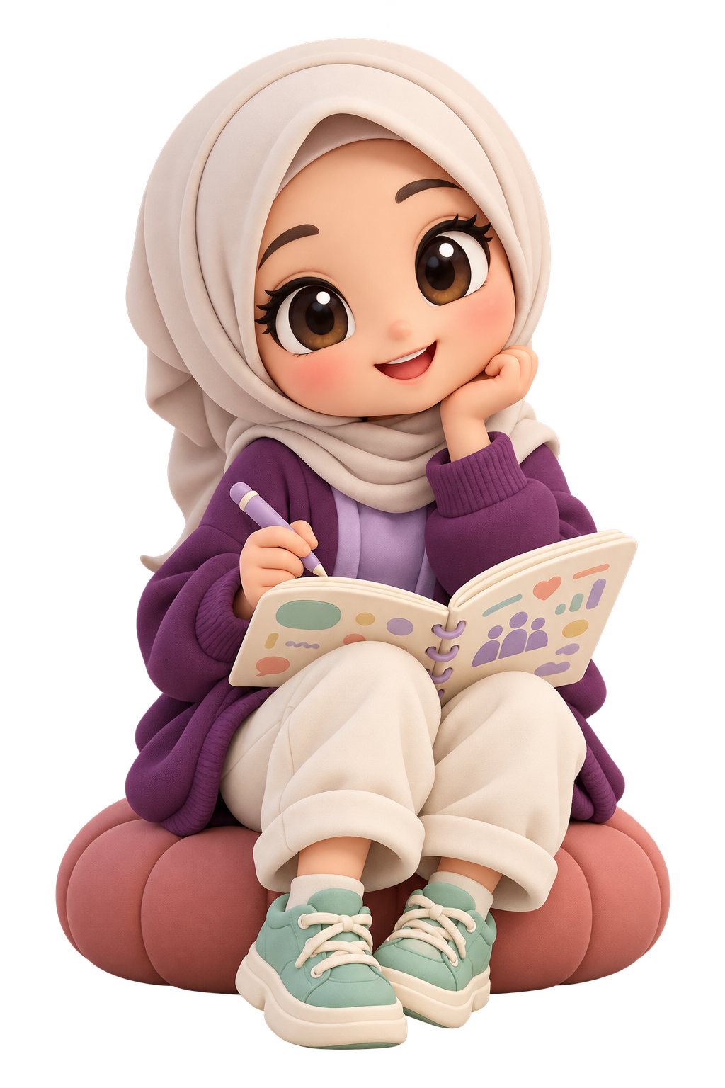 Maskot chibi sedang mencatat informasi komunitas